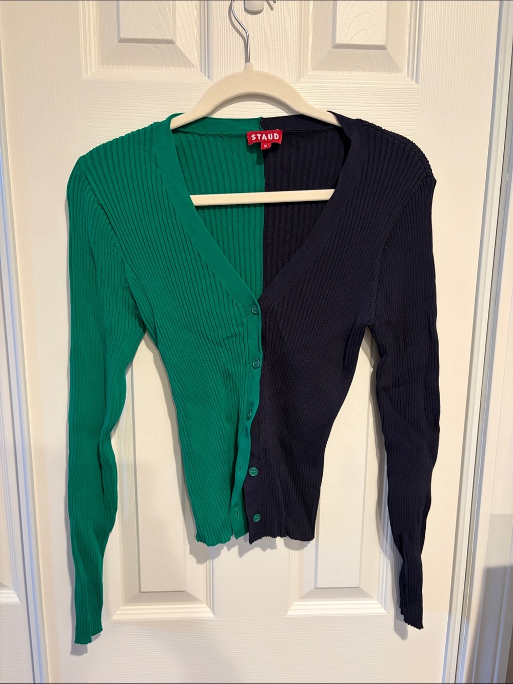 STAUD Two-Tone Ribbed V-Neck Cardigan — Green & Navy